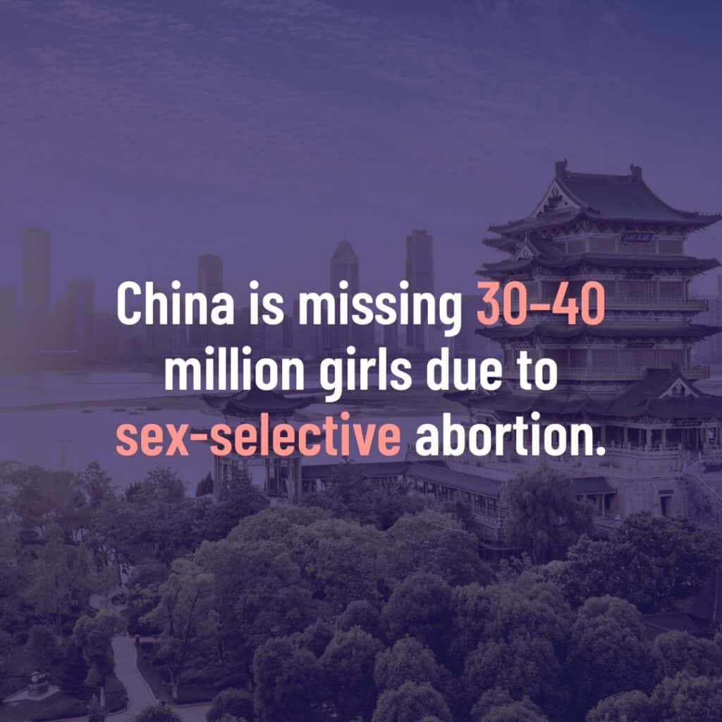 "Abortion Around The World" graphic with an image of a Chinese building with a purple hue in the background and the words, "China is missing 30–40 million girls due to sex-selective abortion."