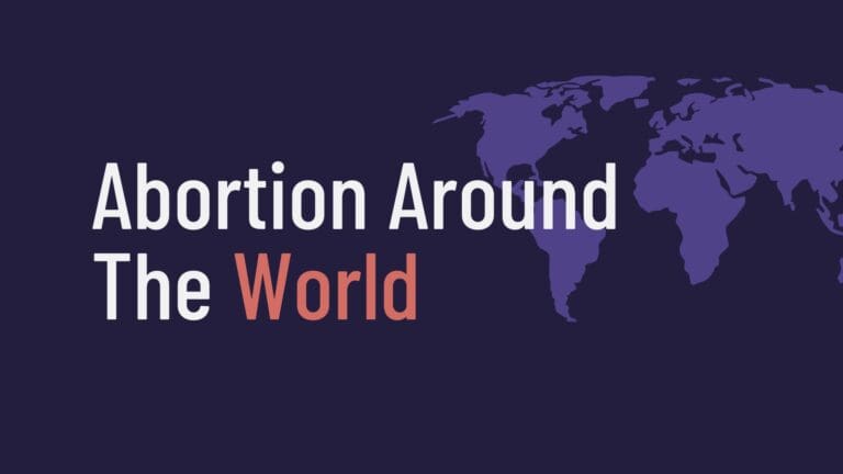 "Abortion Around The World" Hero Image with the title of the article in big letters and a purple background with a world map.