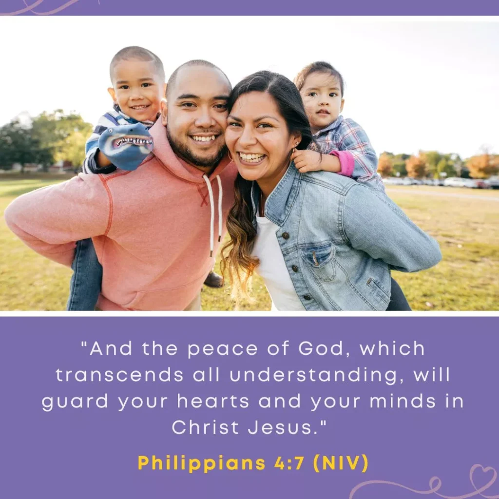 A happy family of four at a park with the parents giving piggyback rides to two young children, with Bible verse Philippians 4:7 about finding peace and God's protection.
