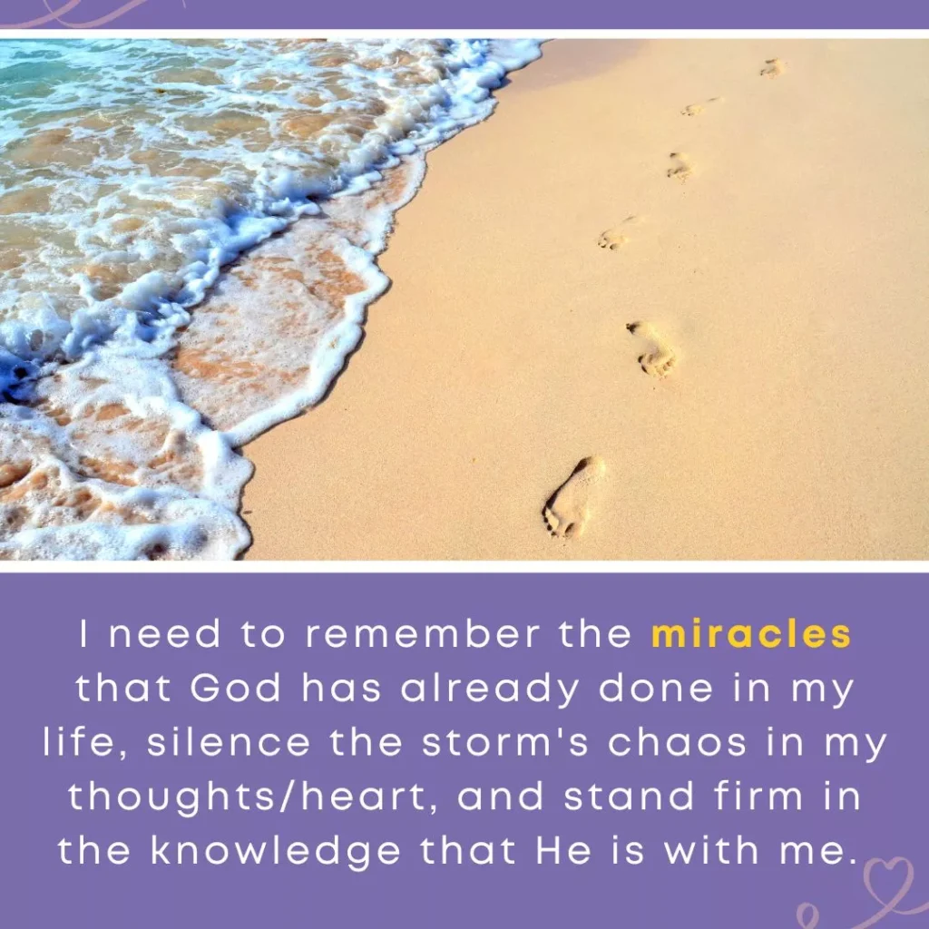 Footprints in sand along a peaceful ocean shoreline with gentle waves, accompanied by text about remembering God's miracles and finding peace during storms.