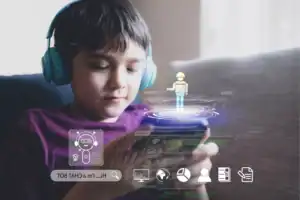 Child wearing headphones uses a smartphone with digital AI and avatar graphics displayed on the screen.