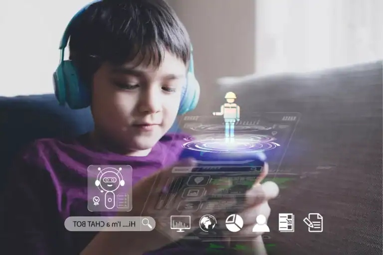 Child wearing headphones uses a smartphone with digital AI and avatar graphics displayed on the screen.