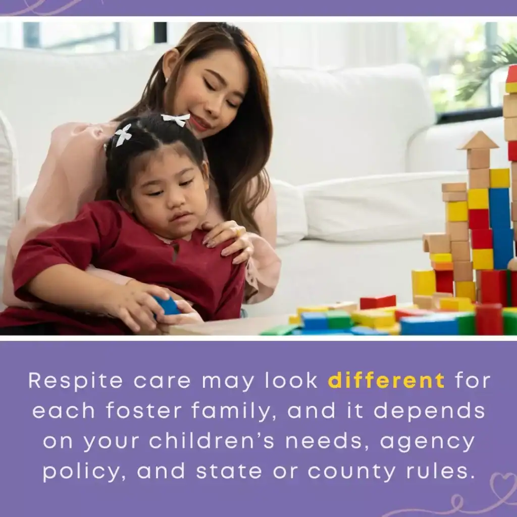 Caregiver sits closely with a young child playing with blocks at home, showing how respite care can support foster families in different ways.