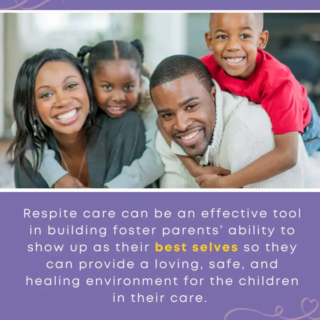 Smiling foster parents and children together indoors, illustrating how respite care supports caregivers and creates a healthy family environment.