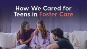 How We Cared For Teens in Foster Care Hero Image with people sitting on a couch and two adults comforting a sad looking girl.