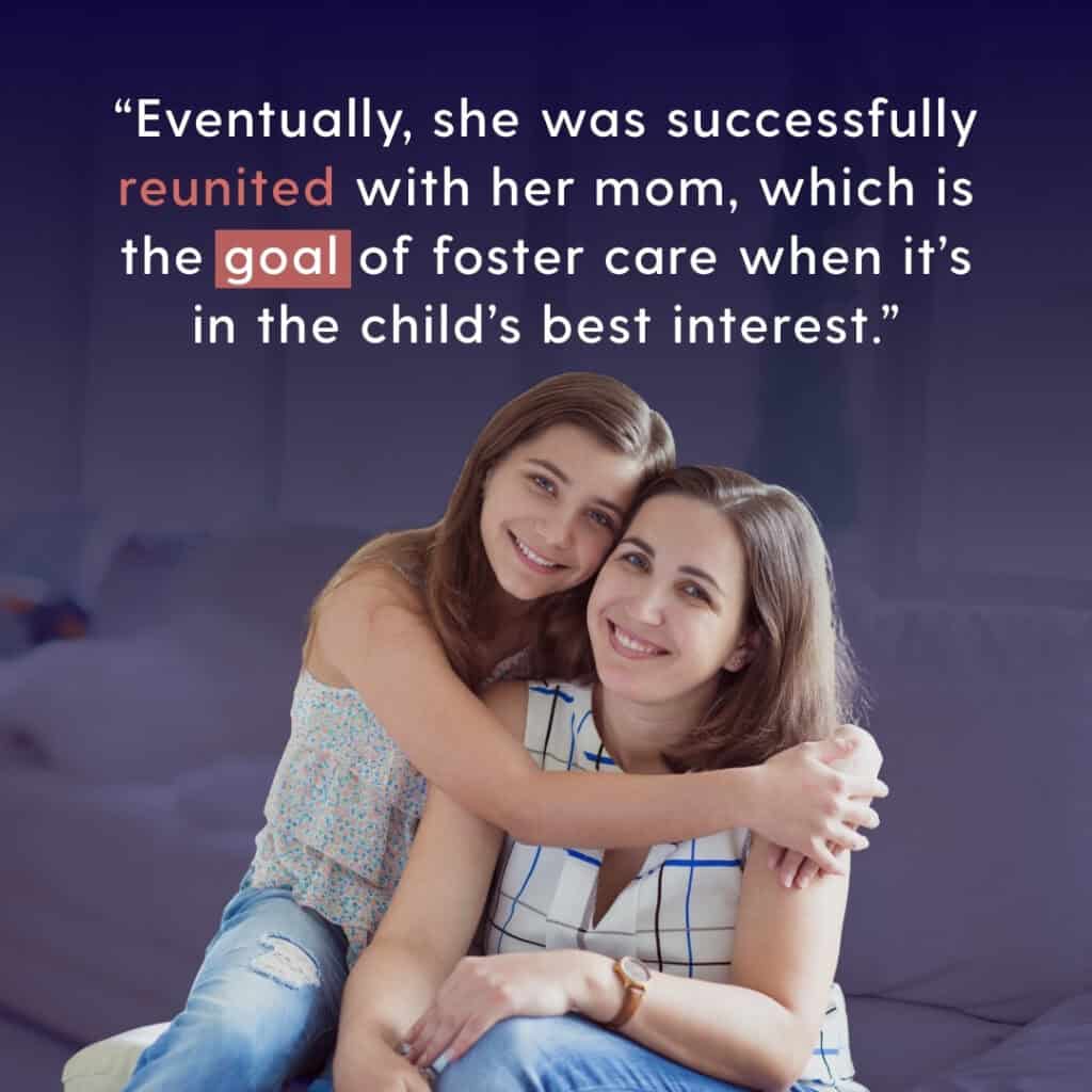 "How We Cared for Teens in Foster Care" graphic with a quote and a stock image of a mom and daughter sitting and smiling at the camera with the daughter hugging the mom's neck.