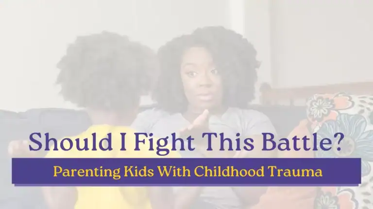 Mother talking seriously with her young child on a couch with text illustrating the challenges of parenting a kid with childhood trauma.