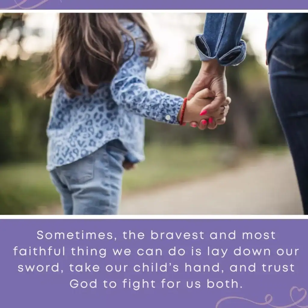 Close-up of a parent holding a child’s hand while walking outdoors, with inspirational text about faith and support through childhood trauma.