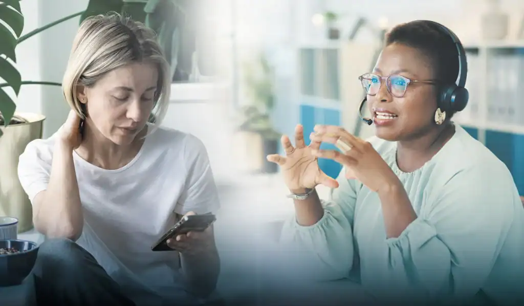 A female counselor speaking with a female client over the phone