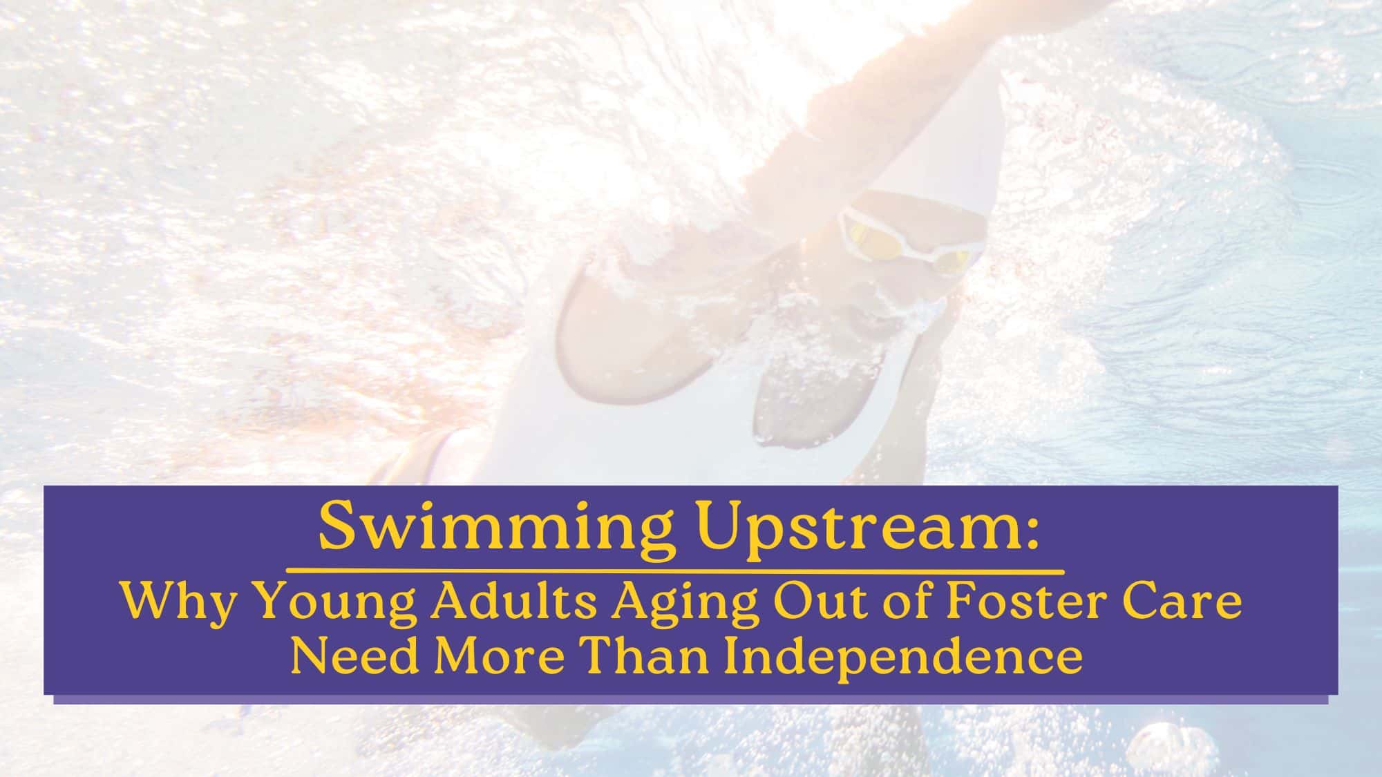 Article cover for "Swimming Upstream: Why Young Adults Aging Out of Foster Care Need More Than Independence," featuring an overhead view of a swimmer and a purple and gold title banner.