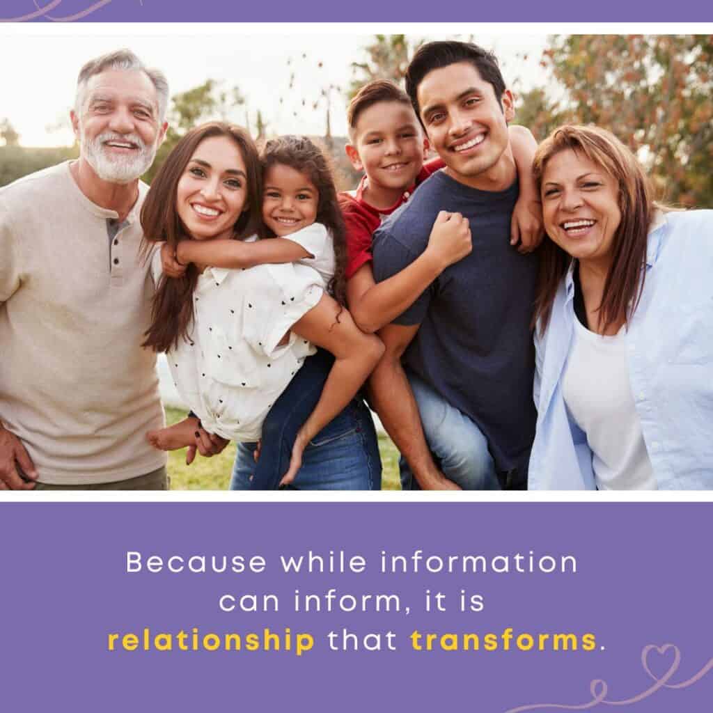 A smiling multigenerational family embracing outdoors, illustrating the transformative relationships that young adults aging out of foster care need. A purple banner below reads: "Because while information can inform, it is relationship that transforms."