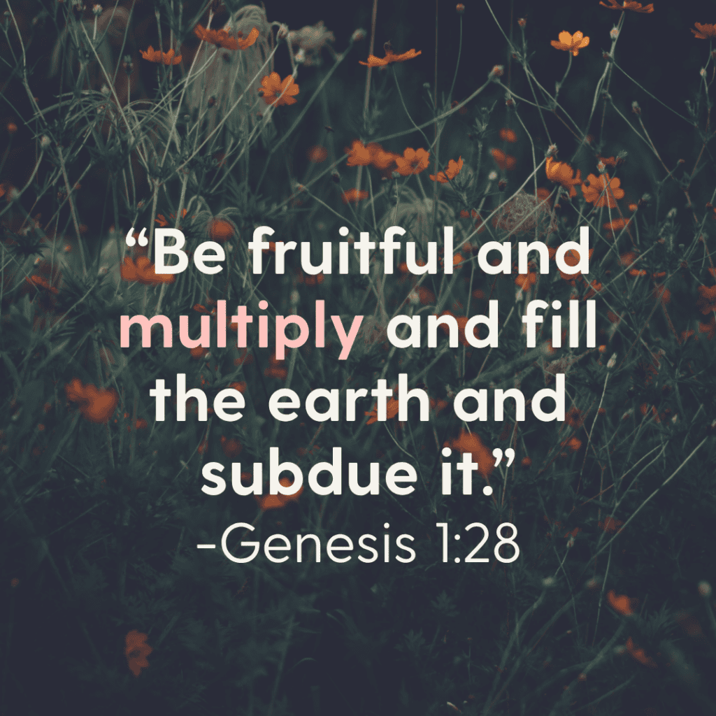 "What Does the Bible Say About Surrogacy" graphic with Genesis 1:28 and background of flowers.