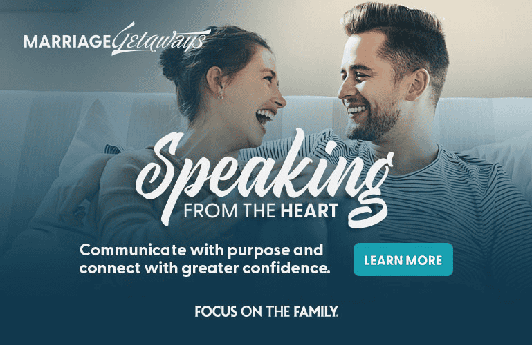 Marriage Getaways ad featuring a smiling couple sitting close together, with text reading "Speaking From the Heart – Communicate with purpose and connect with greater confidence" and a "Learn More" button