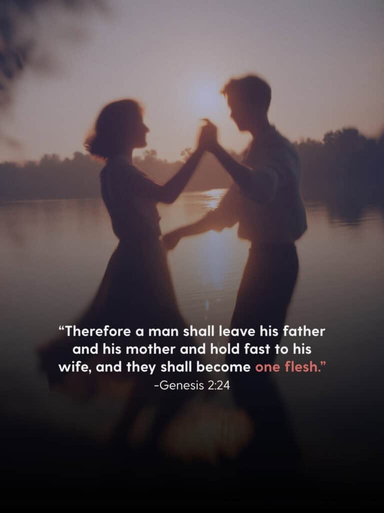 "What Does The Bible Say About Surrogacy" graphic with could dancing and Genesis 2:24.