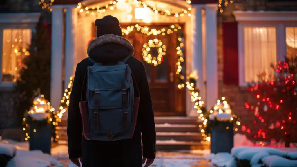 A traveler with a backpack coming home at Christmastime