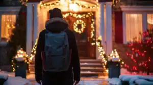 A traveler with a backpack coming home at Christmastime