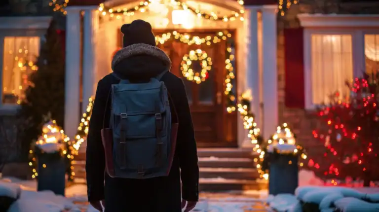 A traveler with a backpack coming home at Christmastime