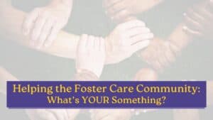 A circle of diverse hands clasping wrists together, representing the foster care community coming together to help.