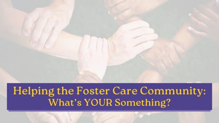 A circle of diverse hands clasping wrists together, representing the foster care community coming together to help.