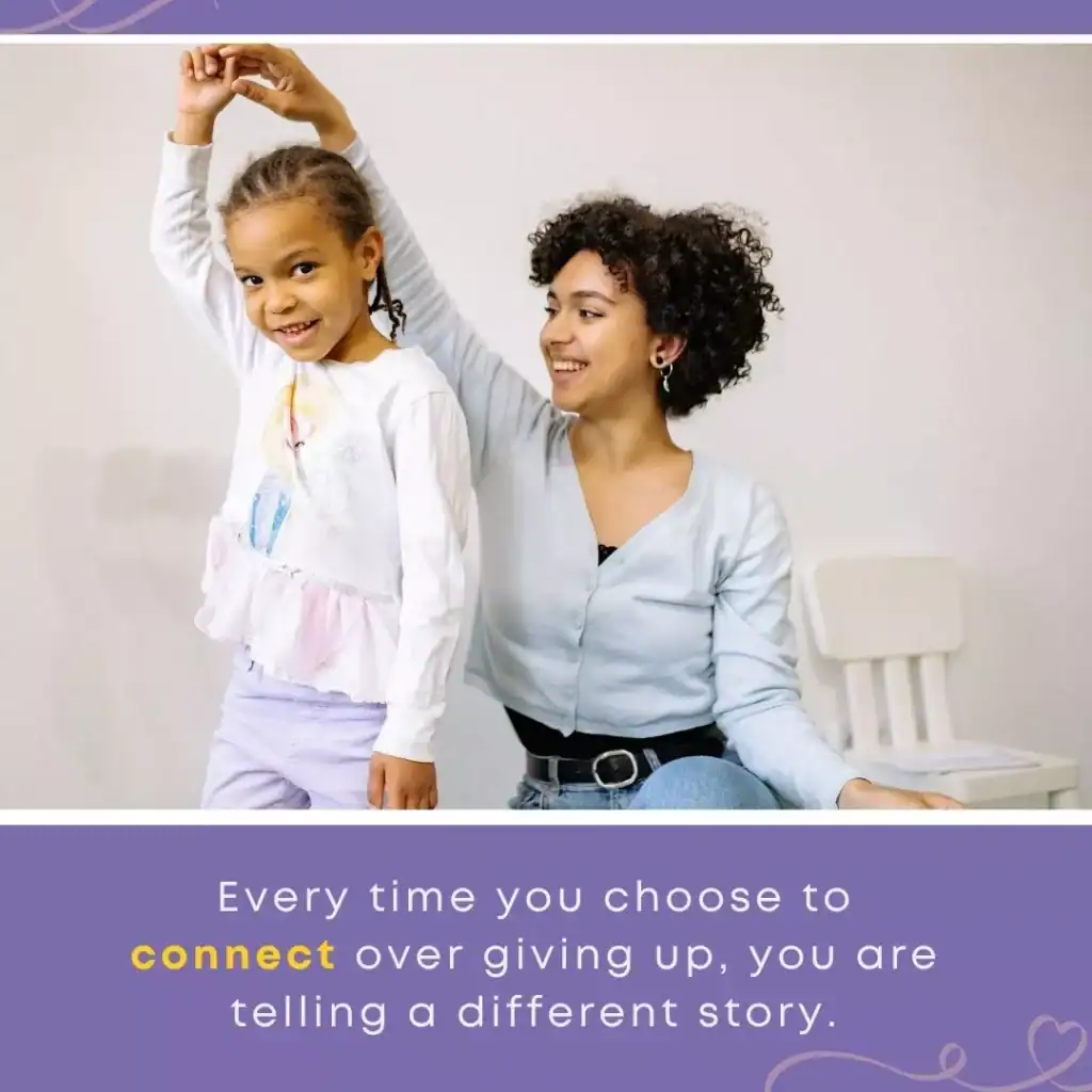 Woman twirling a joyful young girl under her arm, illustrating how connection is the sacred work of foster care.