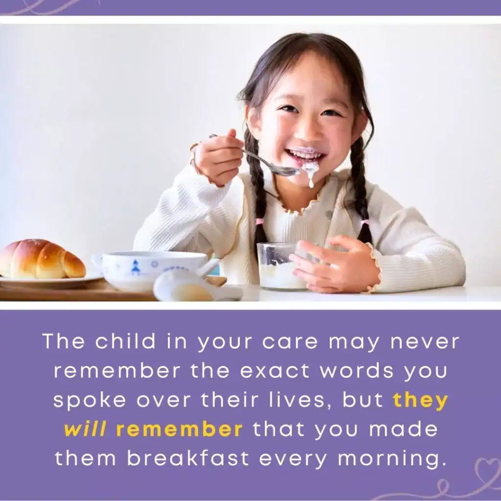 Smiling young girl enjoying breakfast, illustrating how ordinary routines become sacred work in foster care.